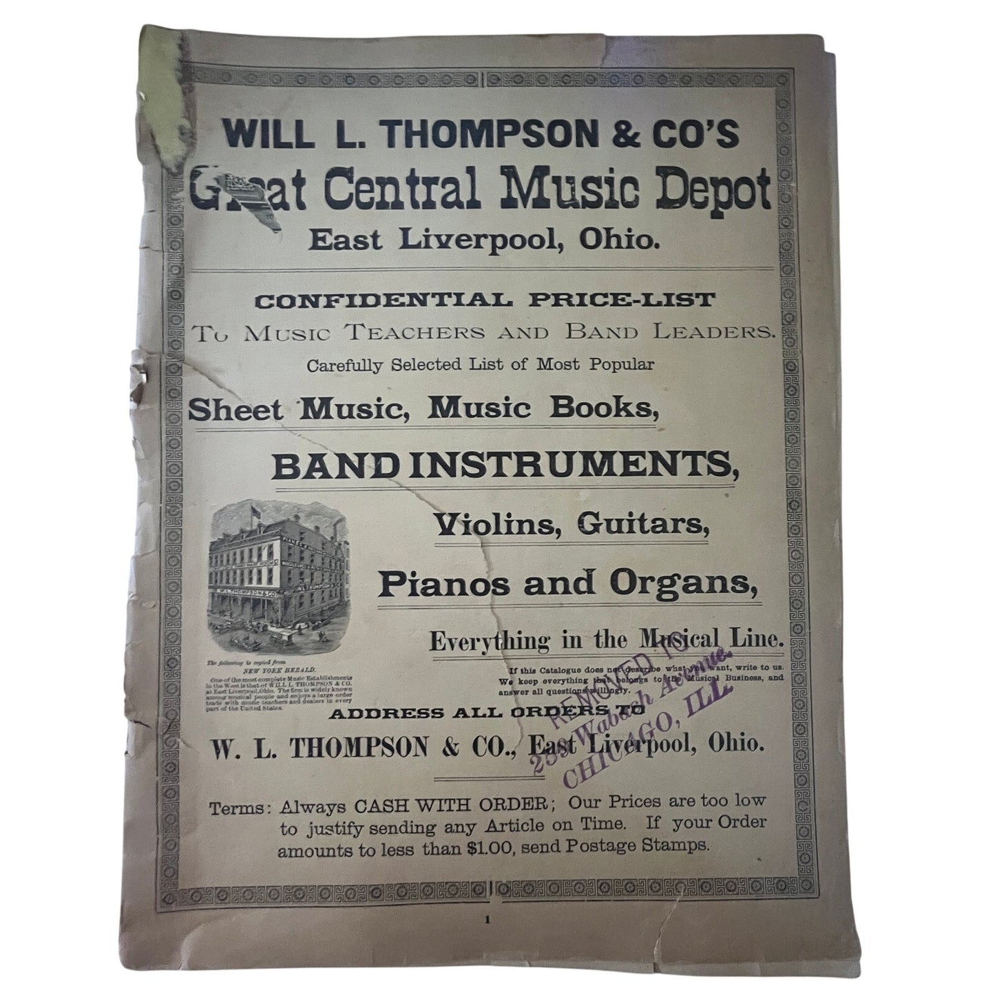 c1890 Will L. Thompson & Co Music Catalog Music Depot East Liverpool OH V33-4