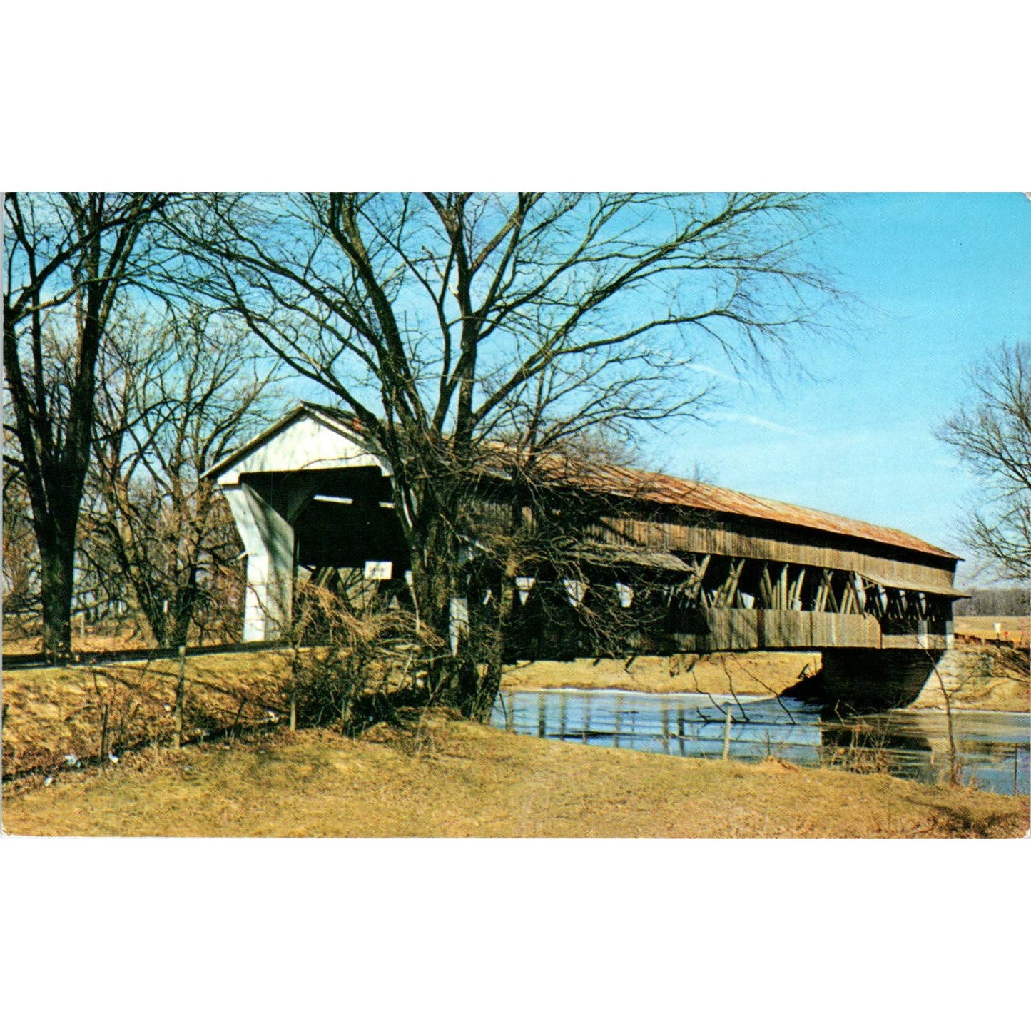 Big Ohio Creek Bridge Marysville OH Vintage Covered Bridge Postcard PD6
