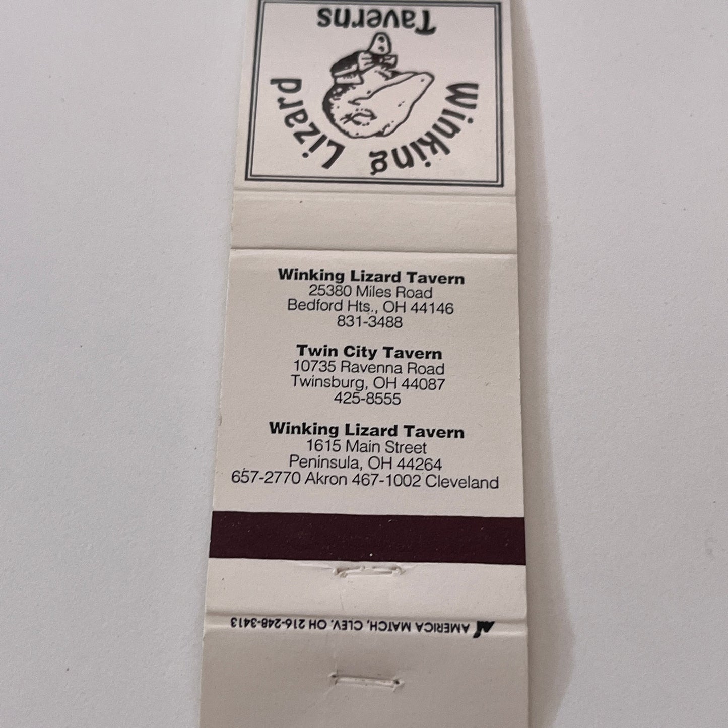 Winking Lizard Tavern Peninsula, Bedford Heights OH Matchbook Cover TB6-MB2-1