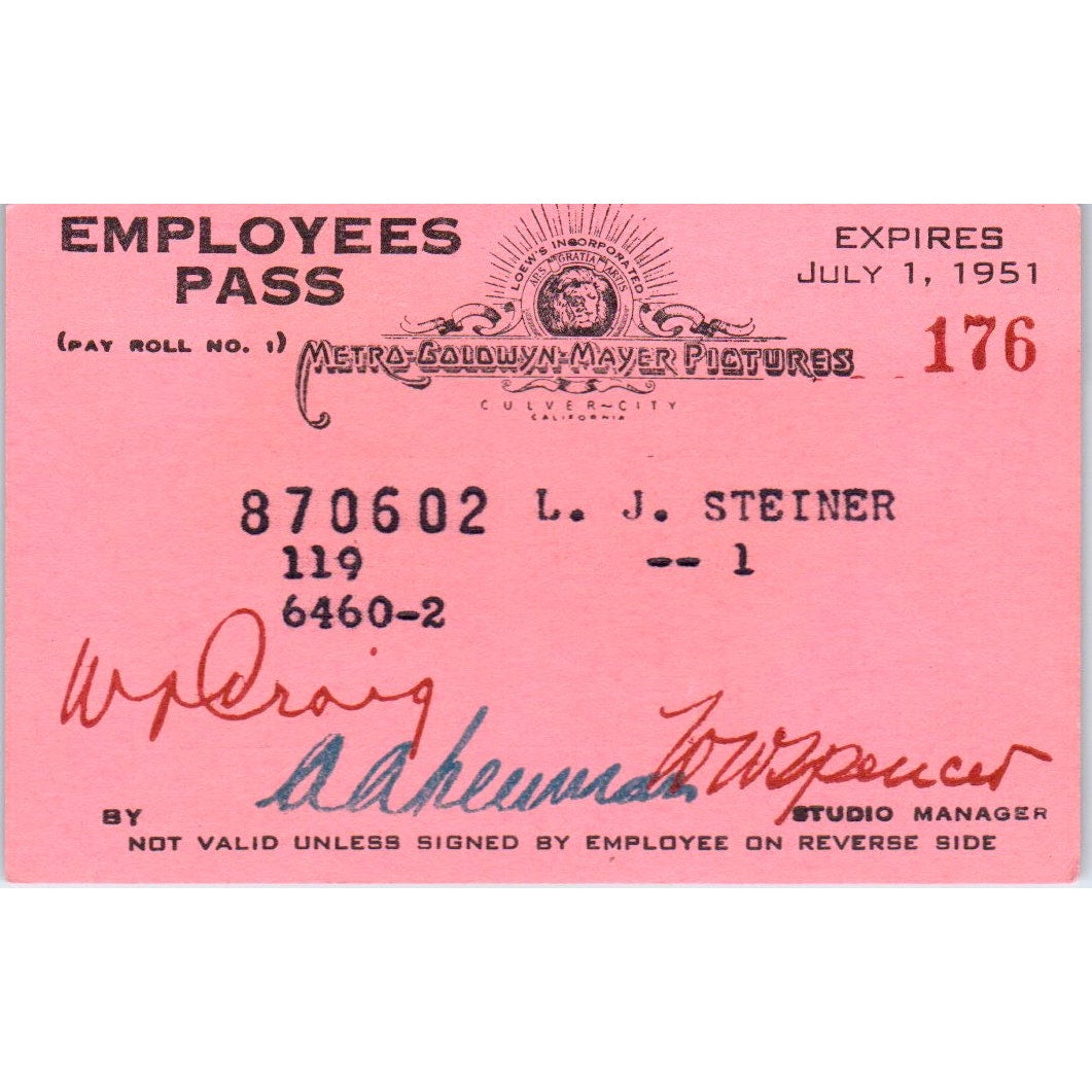 1951 Metro Goldwyn Mayer Pictures MGM Employee Pass Card California AD8-RS1