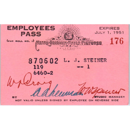 1951 Metro Goldwyn Mayer Pictures MGM Employee Pass Card California AD8-RS1