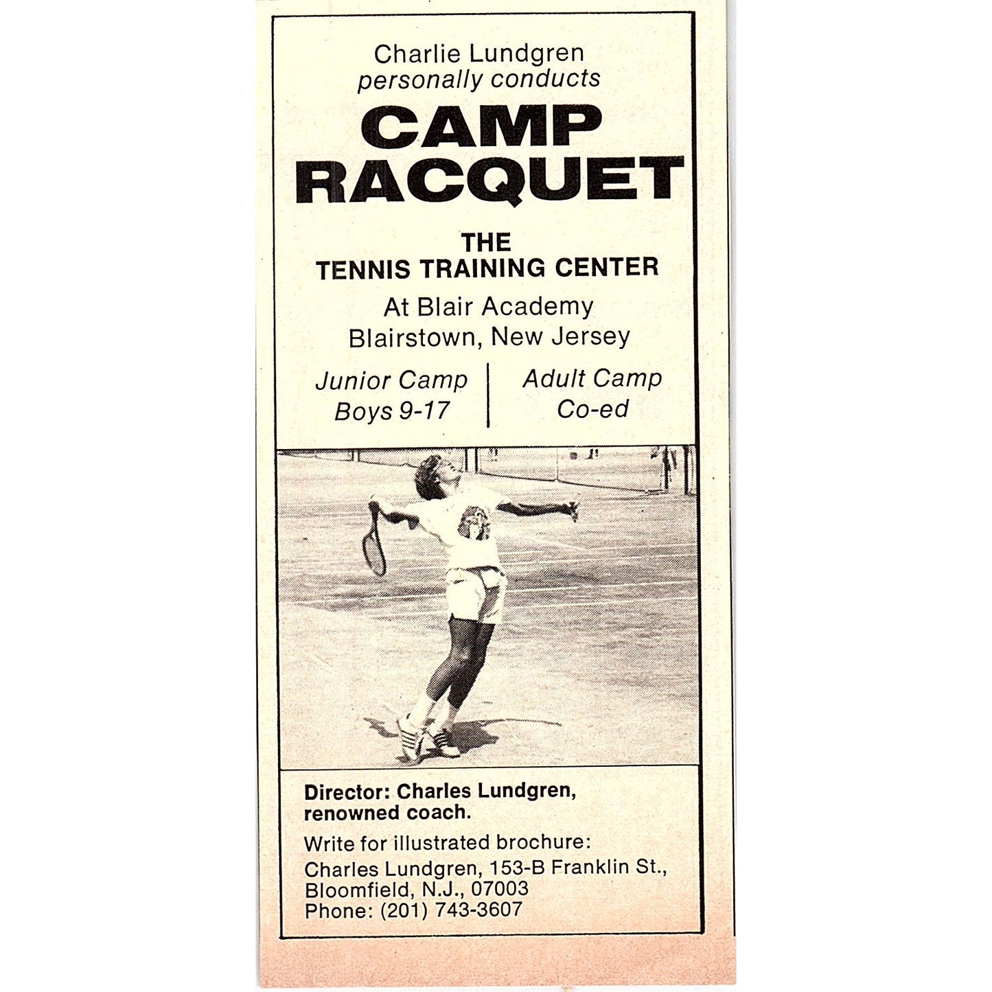 Camp Racquet Tennis Training Center Charles Lundgren Blairstown 1977 Ad AF3-Q1