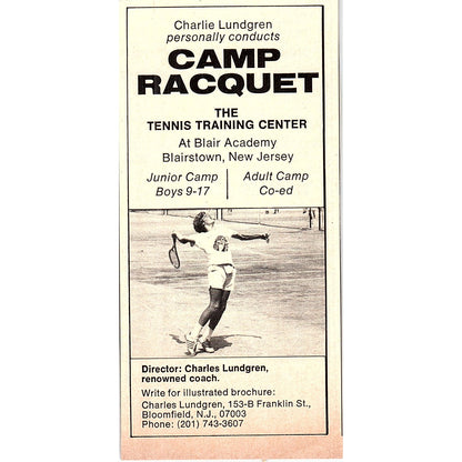 Camp Racquet Tennis Training Center Charles Lundgren Blairstown 1977 Ad AF3-Q1