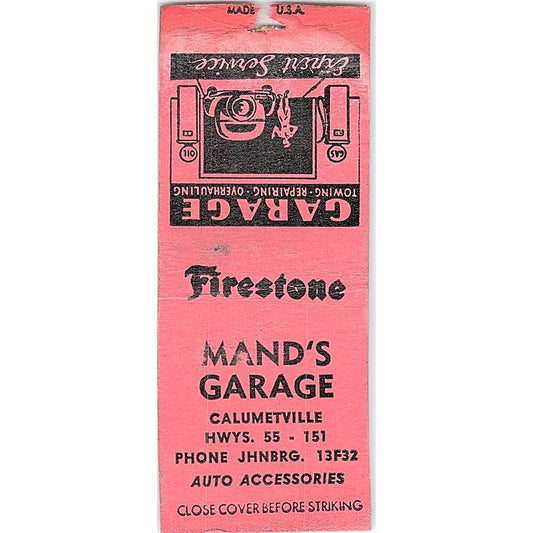 Mand's Garage Calumetville Firestone Vintage Matchbook Cover SC7-Y2