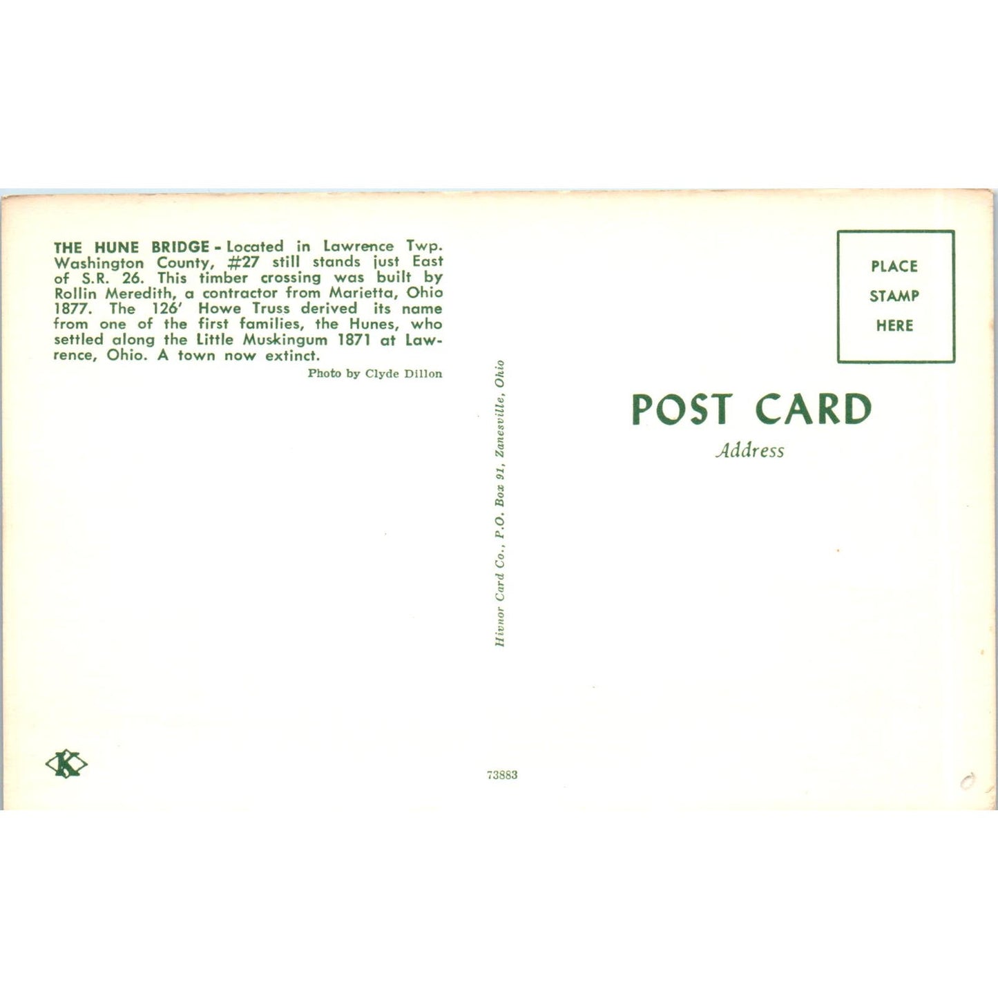 Hune Bridge Washington County 27 Lawrence OH Covered Bridge Postcard PC12