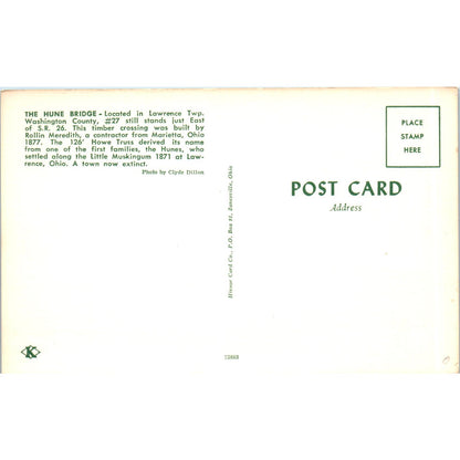 Hune Bridge Washington County 27 Lawrence OH Covered Bridge Postcard PC12