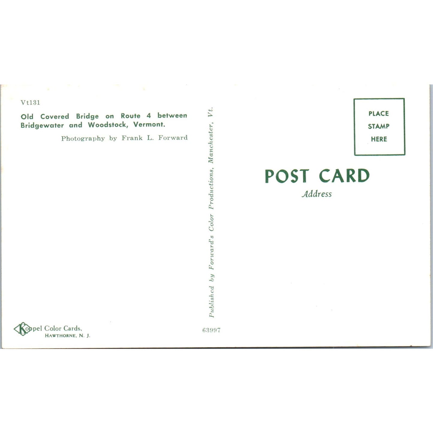 Old Route 4 Covered Bridge Bridgwater & Woodstock VT Vintage Postcard PD3