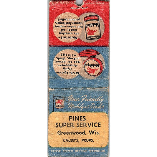 Pines Super Service Chubbs Greenwood WI Vintage Matchbook Cover SC7-Y1