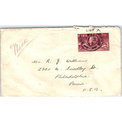 1948 R.J. Williams Philadelphia Èire Stamp Postal Cover Envelope TG7-PC3