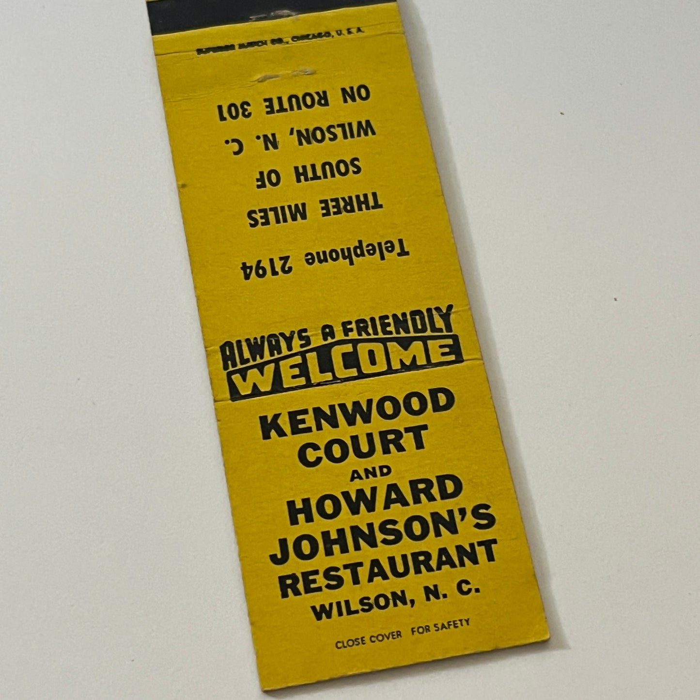 Kenwood Court & Howard Johnson's Restaurant Wilson NC Matchbook Cover MM5-7