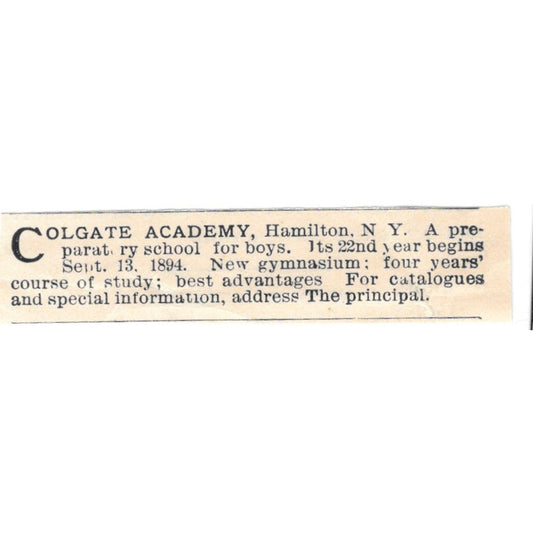 Colgate Academy Hamilton NY 1894 Ad AK6-S7