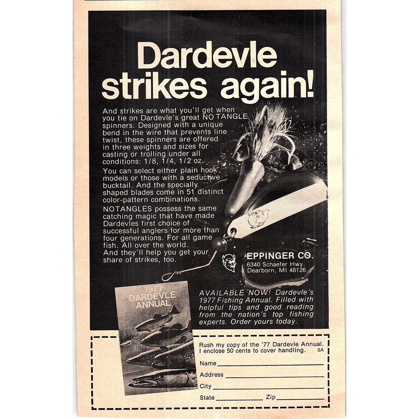 Dardevle Fishing Lures Eppinger Co Dearborn MI 1977 Ad AF6-5