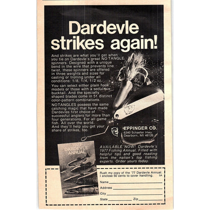 Dardevle Fishing Lures Eppinger Co Dearborn MI 1977 Ad AF6-5
