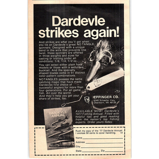 Dardevle Fishing Lures Eppinger Co Dearborn MI 1977 Ad AF6-5