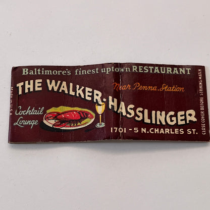 The Walker-Hasslinger Lounge Baltimore MD Vintage Matchbook Cover TB8-MB3-10