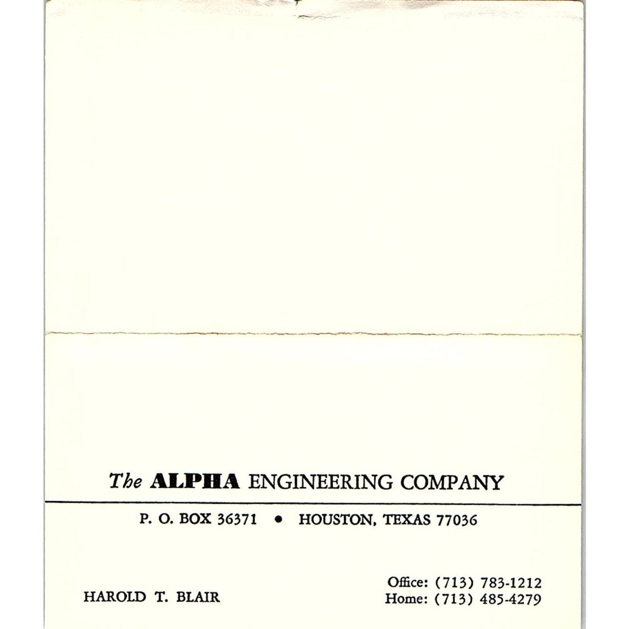 Harold T Blair The Alpha Engineering Co Houston TX Vintage Business Card TH2-B1