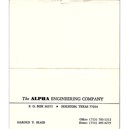 Harold T Blair The Alpha Engineering Co Houston TX Vintage Business Card TH2-B1
