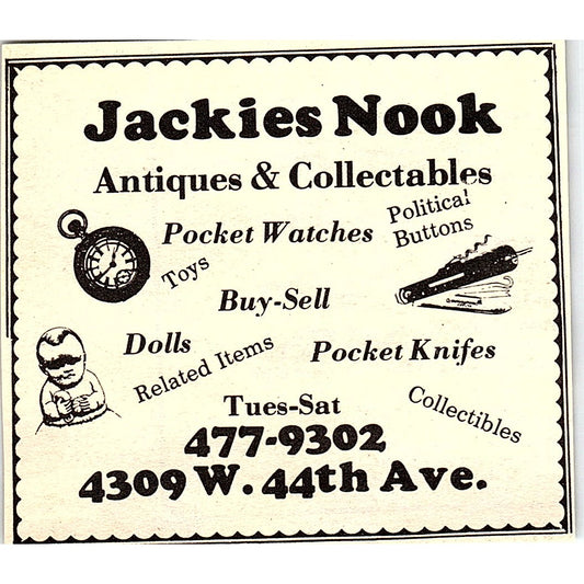 Jackies Nook Antique & Collectibles 4309 W. 44th Ave Colorado 1984 Ad AF9-M4