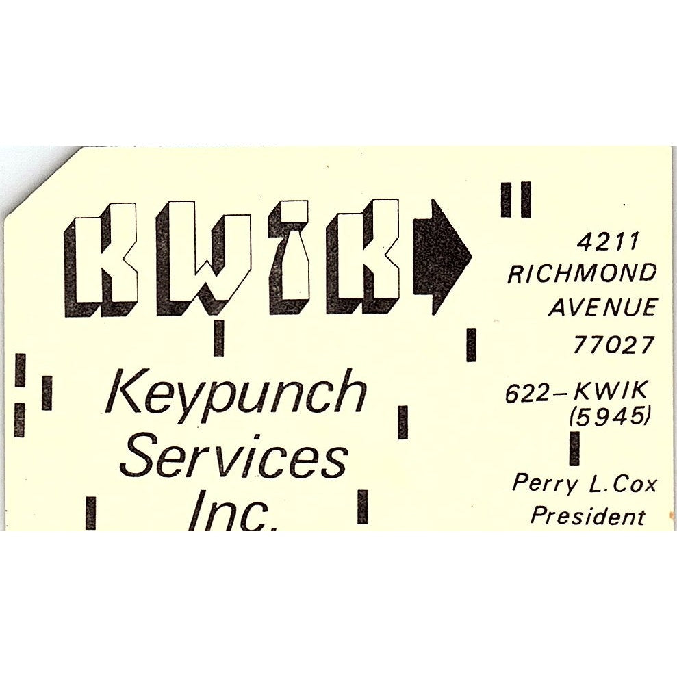Perry L Cox Kwik Keypunch Services Inc Vintage Business Card SD9-B2