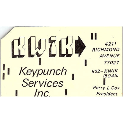 Perry L Cox Kwik Keypunch Services Inc Vintage Business Card SD9-B2