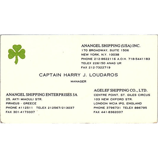 Capt Harry J Loudaros Anangel Shipping Inc NY Vintage Business Card SC9-B1