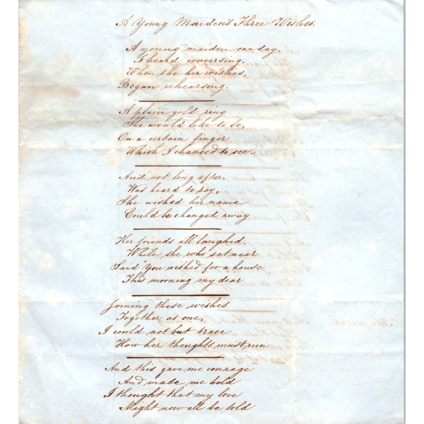 1870s Original Handwritten Poem - A Young Maiden's Three Wishes D21