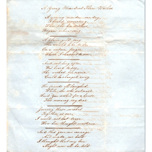 1870s Original Handwritten Poem - A Young Maiden's Three Wishes D21