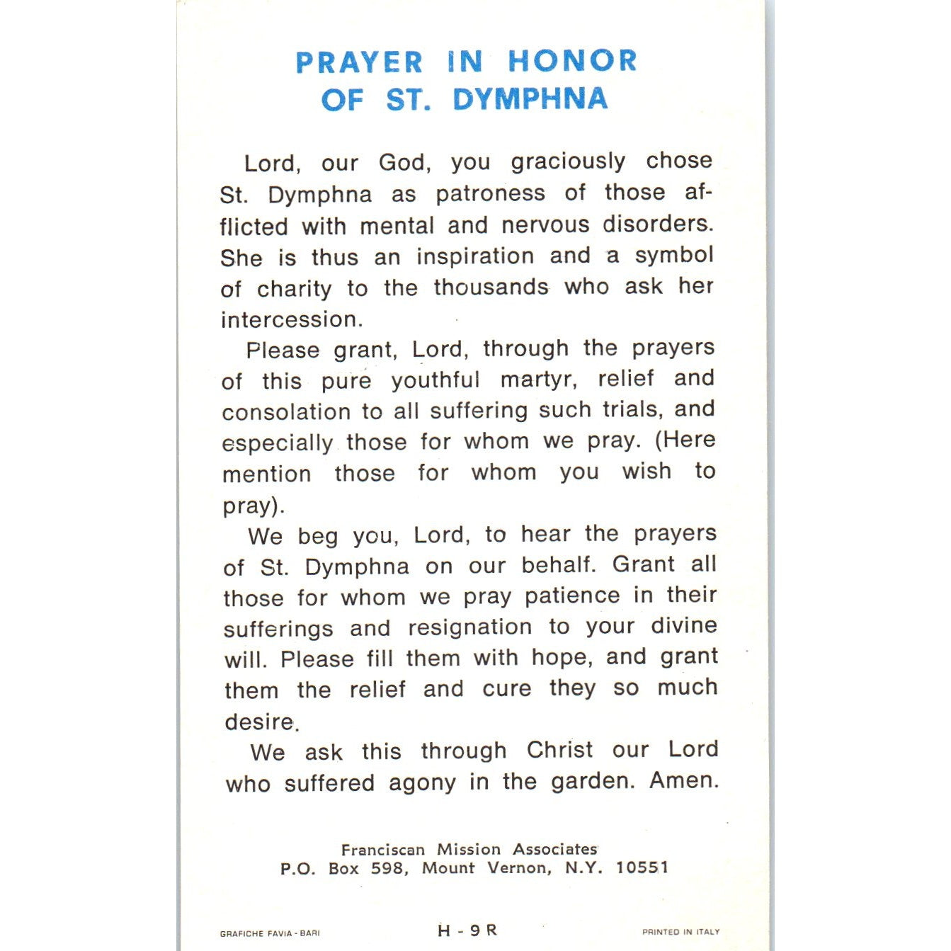 St Dymphna Prayer Franciscan Mission Associates Vintage Prayer Card TH2-PC1