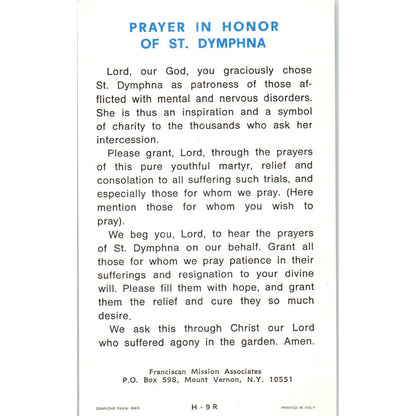 St Dymphna Prayer Franciscan Mission Associates Vintage Prayer Card TH2-PC1