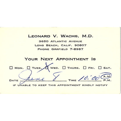 Leonard  V Wachs Longbeach California Vintage Business Card SB4-B9