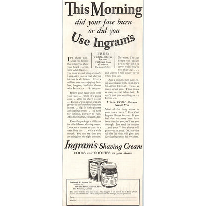 Frederick F. Ingram Co. Shaving Cream 1928 Original Magazine Advertisement FL6-8