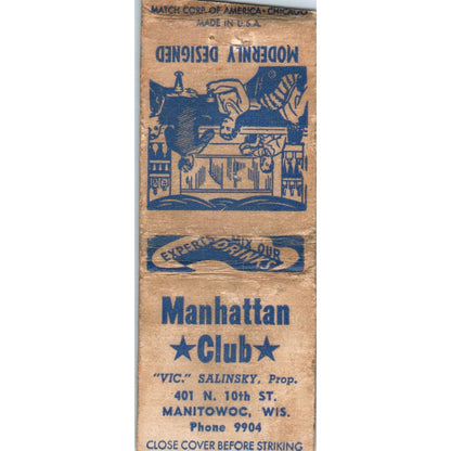Manhattan Club Vic Salinsky Manitowoc WI Vintage Matchbook Cover SD2-Y6