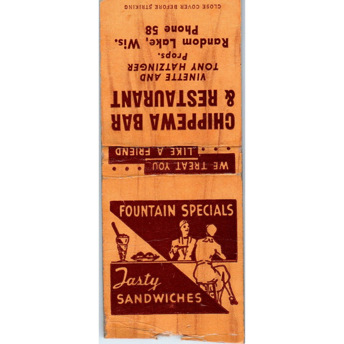 Chippewa Restaurant Vinette & Tony Hatzinger Random Lake WI Vtg Matchbook SD2-Y4