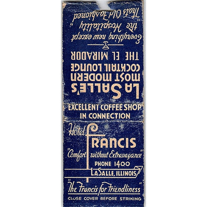 Hotel Francis El Mirador Lounge LaSalle IL Vintage Matchbook Cover SF3-Y1