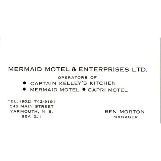 Mermaid Motel Captain Kelley's Kitchen Ben Morton Yarmouth NS Vtg Card SD8-B22