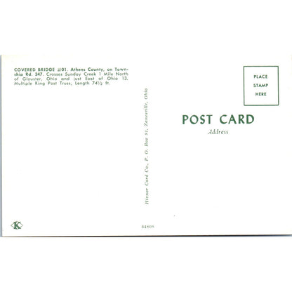 Athens County #1 Sunday Creek Glouster Ohio Covered Bridge Postcard PC1