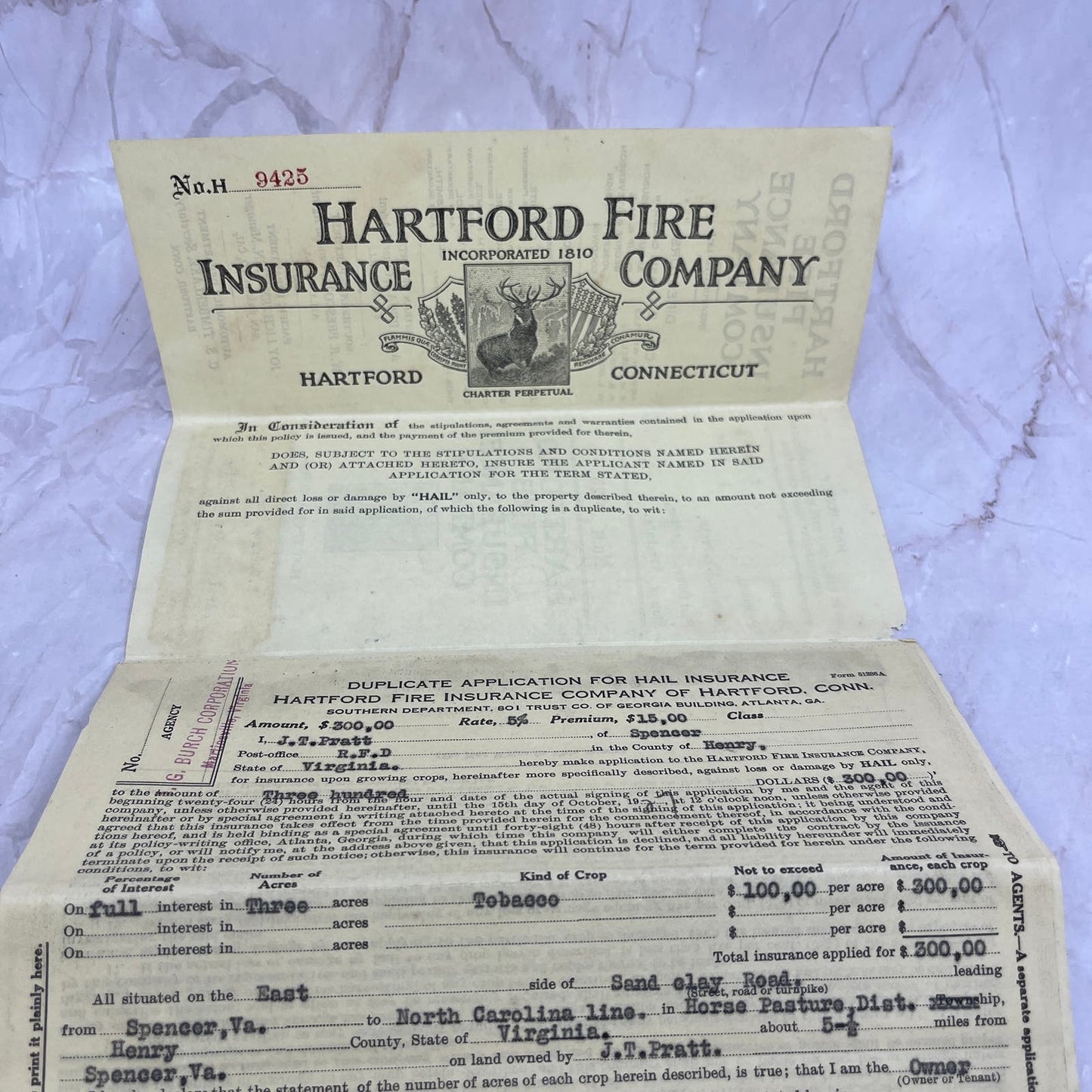1927 Hartford Fire Ins Policy J.T. Pratt Spencer Virginia TG8-VV