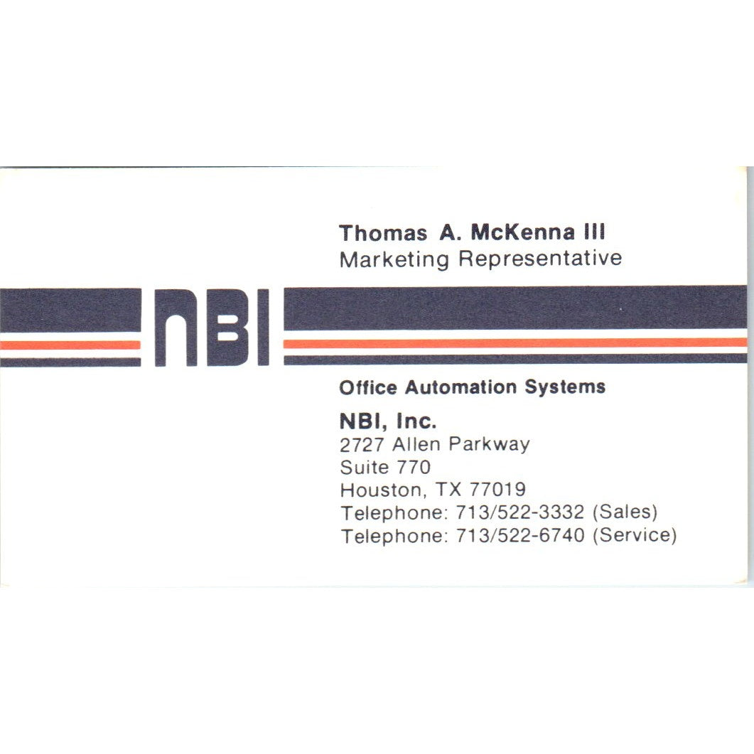 Thomas A McKenna III NBI Office Automation Houston Vintage Business Card SE3-B3