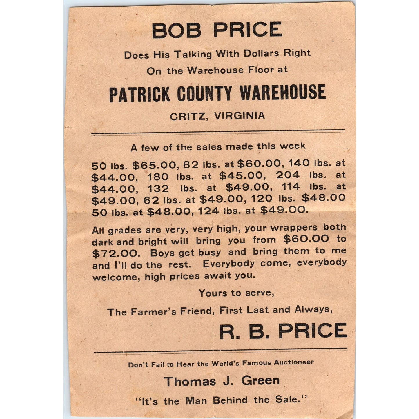 R.B. Bob Price Sale Patrick County Warehouse Critz Va Vintage Leaflet AF1-RR7