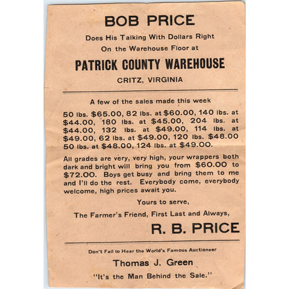 R.B. Bob Price Sale Patrick County Warehouse Critz Va Vintage Leaflet AF1-RR7