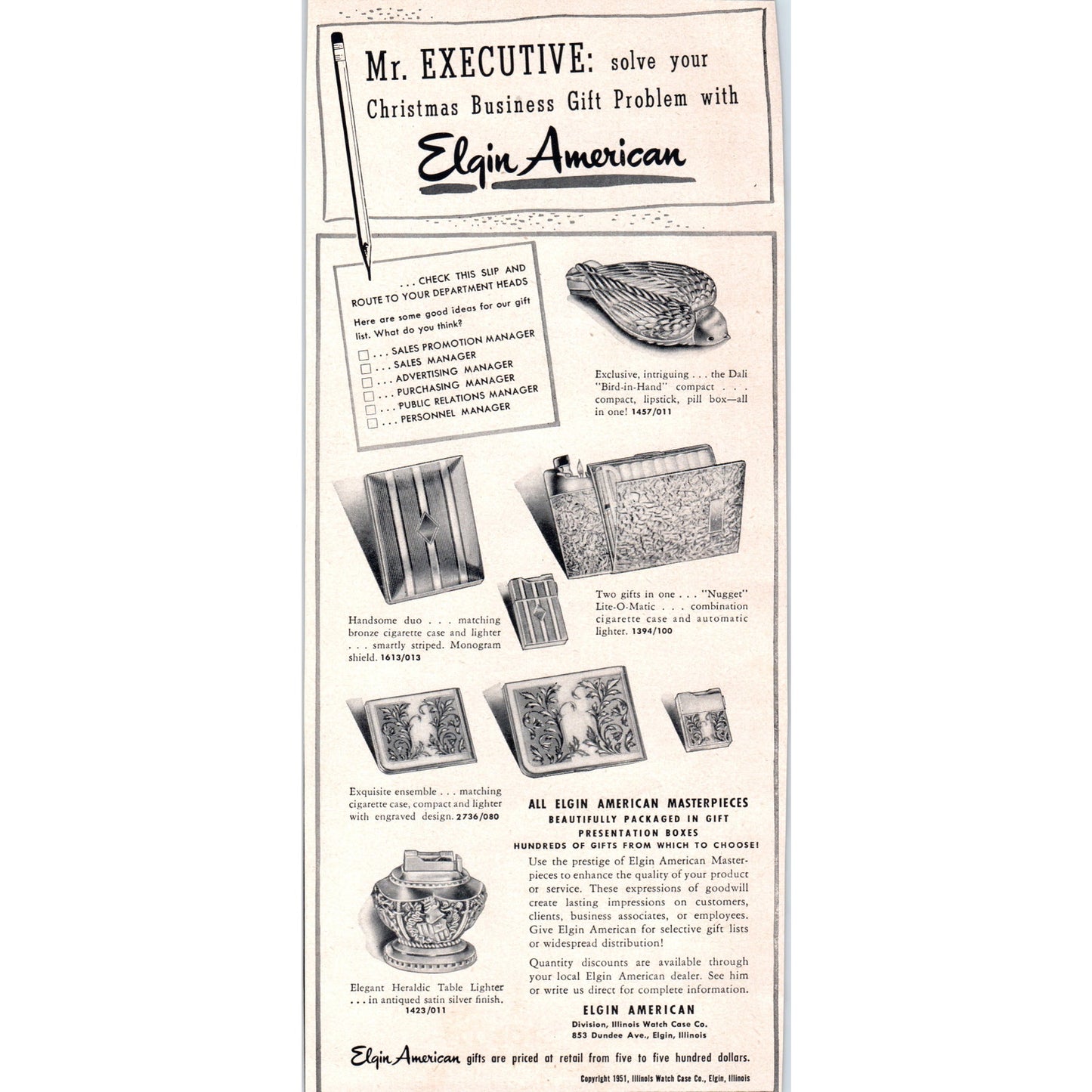 Elgin American Business Christmas Gifts Elgin IL 1951 Magazine Ad D17