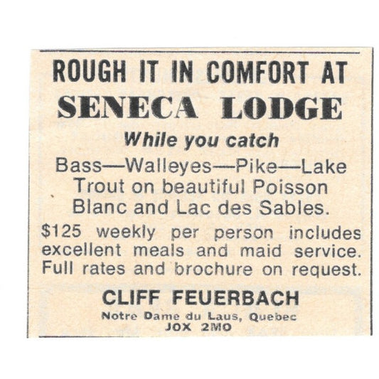 Seneca Lodge Cliff Feuerbach Notre Dame Du Laus Quebec CA 1977 Ad AF6-S3