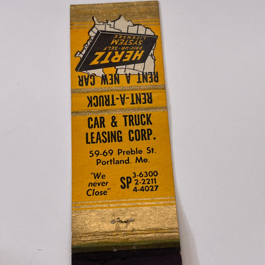 Car & Truck Leasing Corp Portland ME Hertz Vintage Matchbook Cover TB6-MB1-15