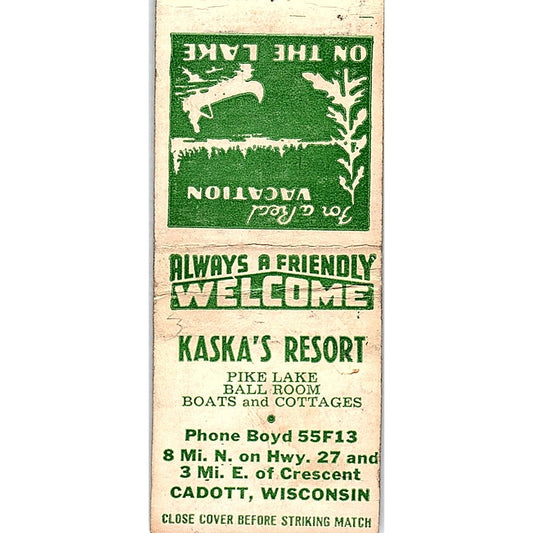 Kaska's Resort Cadott WI Vintage Matchbook Cover SF3-Y3