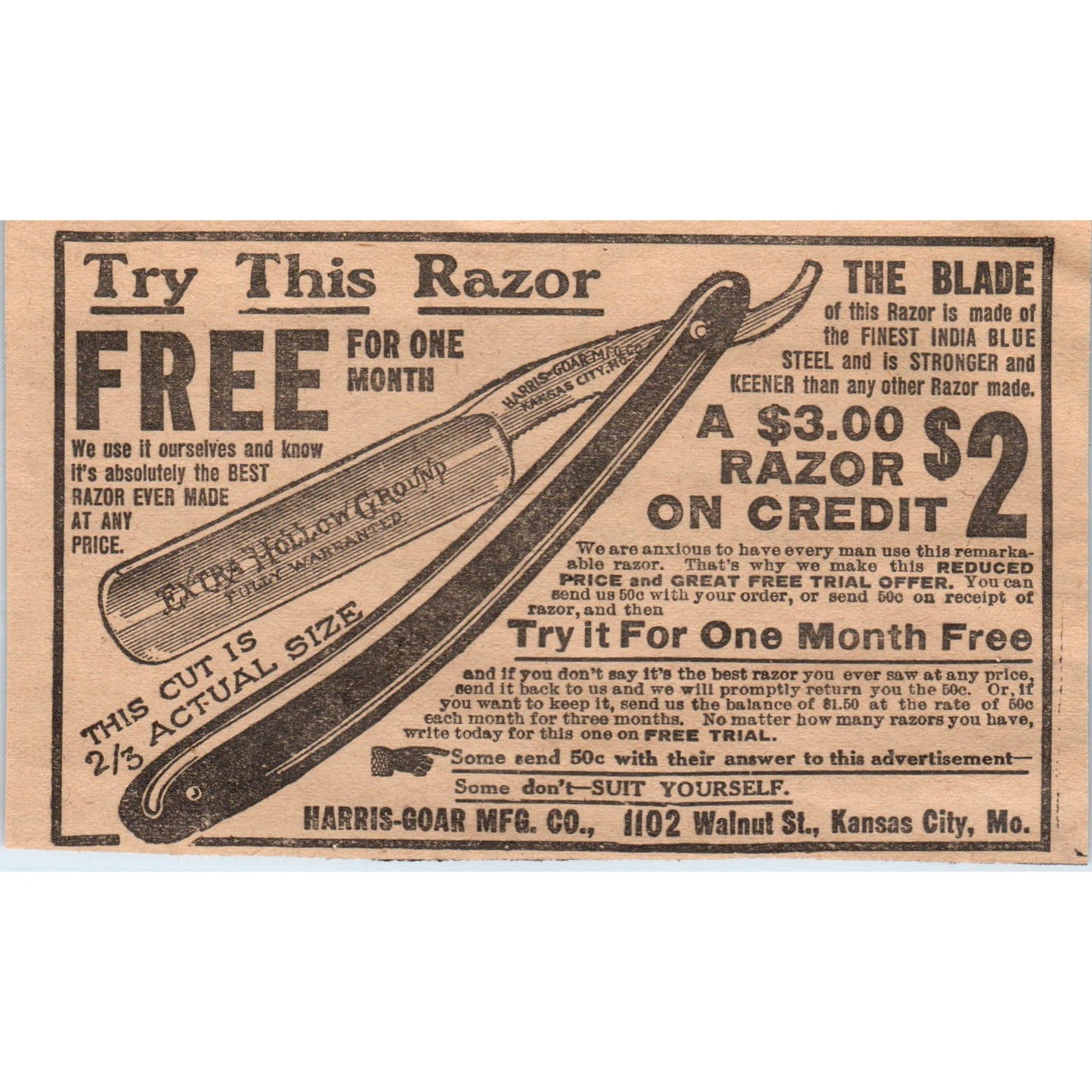 Extra Hollow Ground Razor Harris-Goar Mfg Kansas City 1910 Magazine Ad AF1-CM5