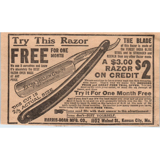 Extra Hollow Ground Razor Harris-Goar Mfg Kansas City 1910 Magazine Ad AF1-CM5