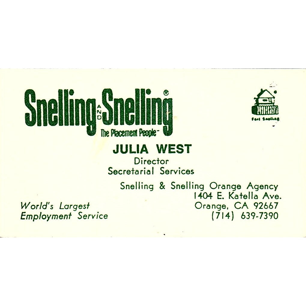 Snelling & Snelling Orange Agency Julia West Orange CA, Business Card SF3-B8