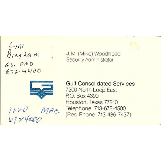 J.M. Mike Woodhead Gulf Consolidated Services Houston Vtg Business Card SD9-B7
