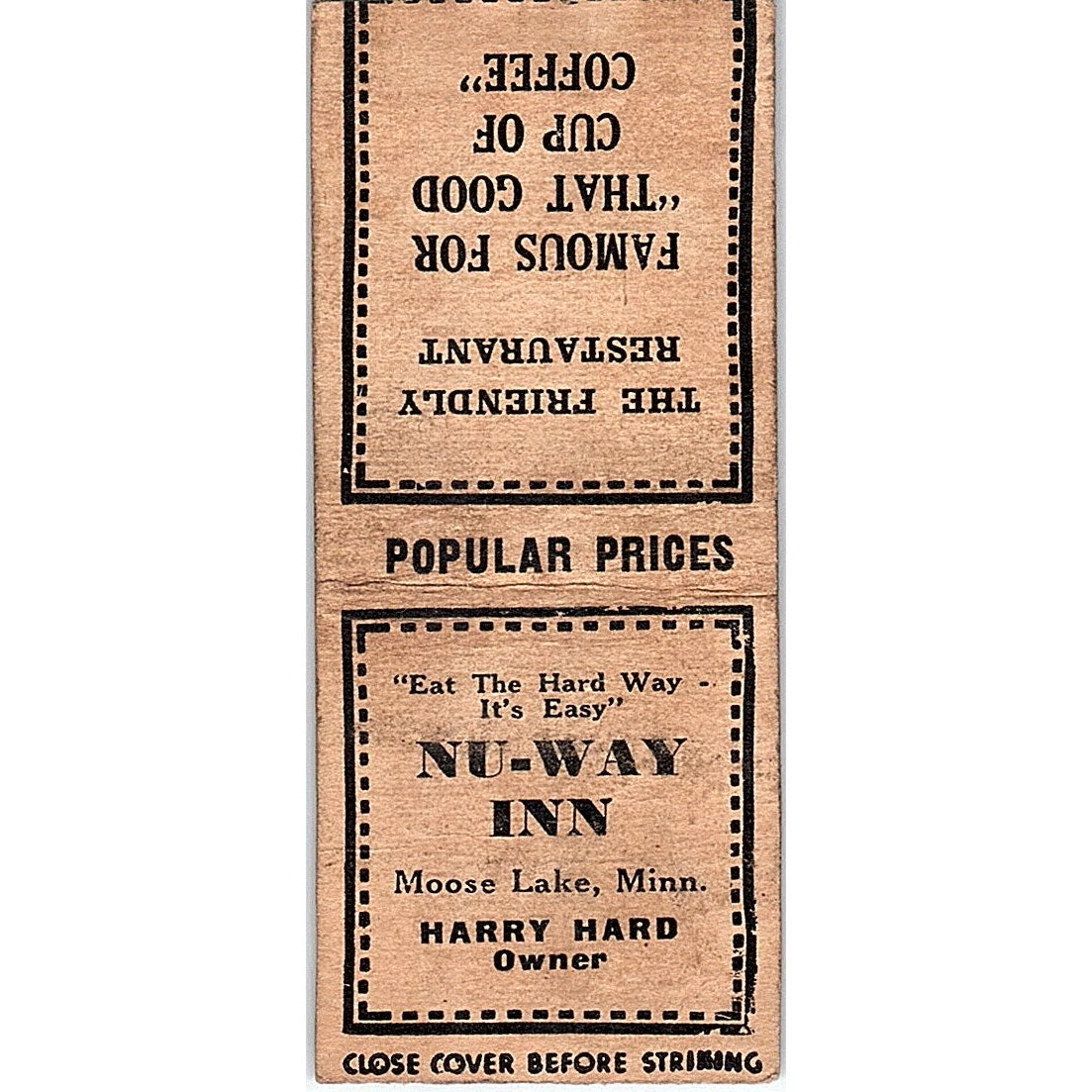 Nu-Way Inn Harry Hard Moose Lake MN Vintage Matchbook Cover SF3-Y1