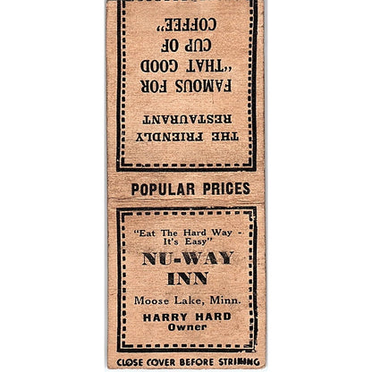 Nu-Way Inn Harry Hard Moose Lake MN Vintage Matchbook Cover SF3-Y1